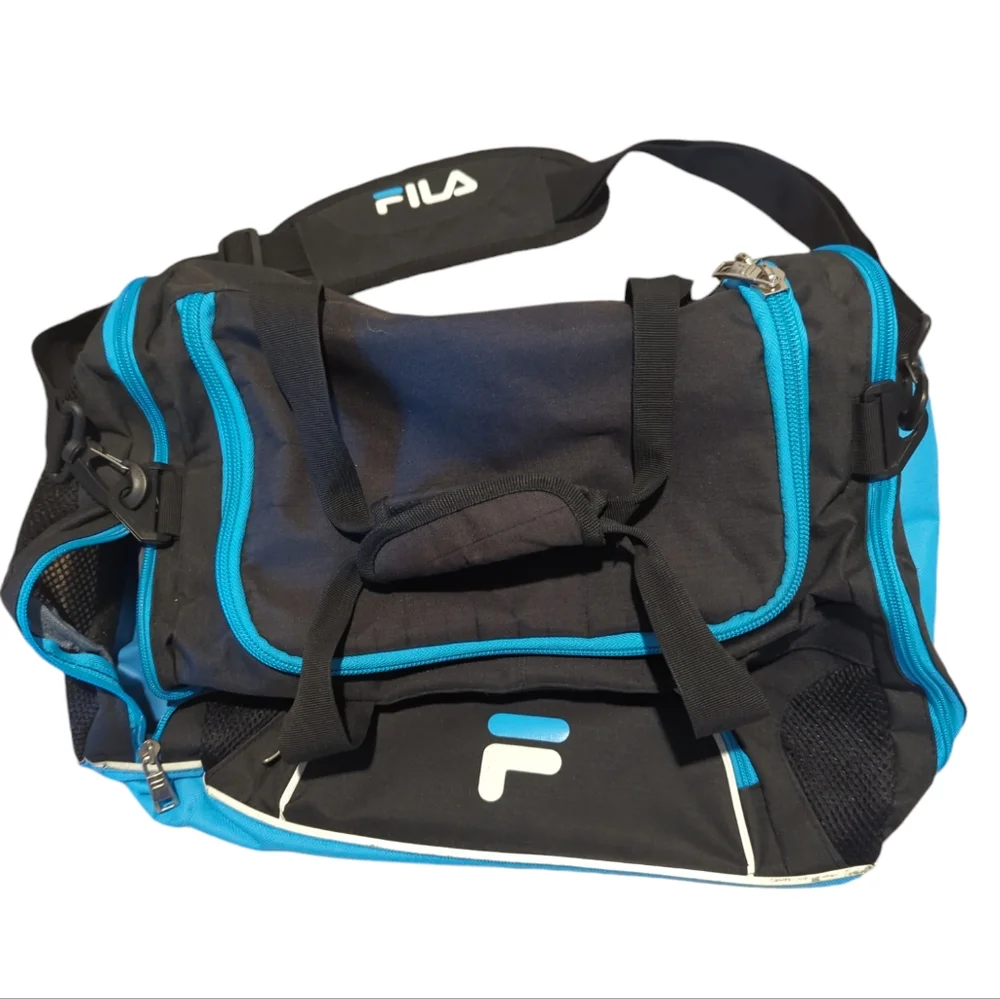 FILA Duffle Sports Gym Travel Bag Black Royal Blue Pockets Compartments Straps